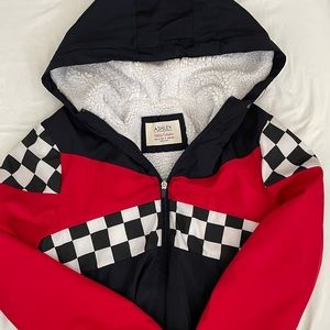 sz small, fur lined checkered jacket